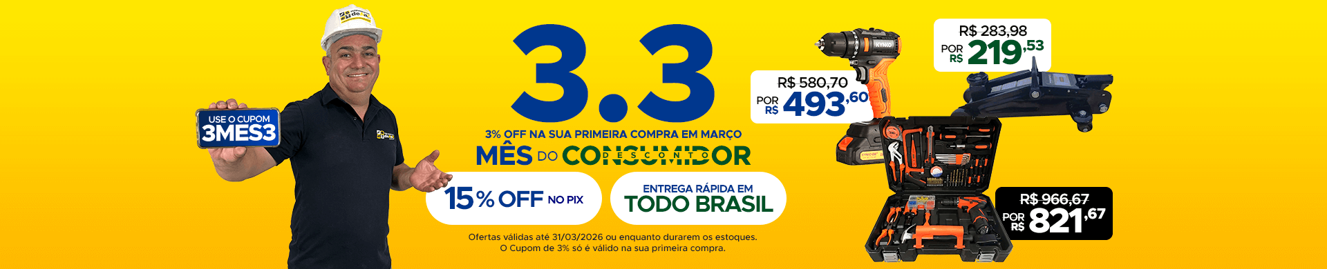Compre ferramentas com 15%OFF no Pix + 3%OFF na sua primeira compra